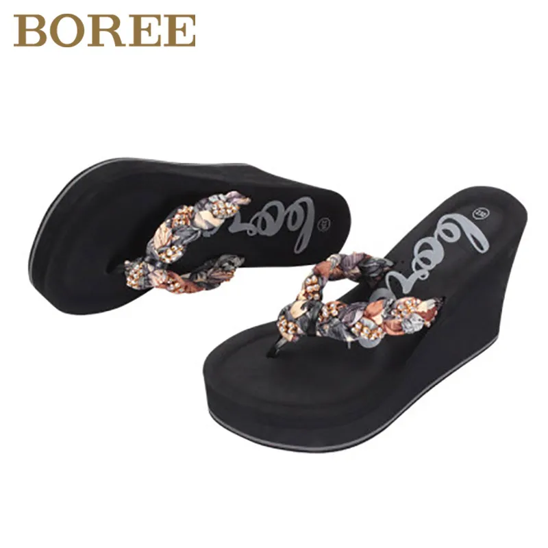 Boree Crystal Women Shoes Flip Flops High Flat Heel Slippers Outdoor Beach Sandals Wedges Platform Slids femme pantoufles | Обувь