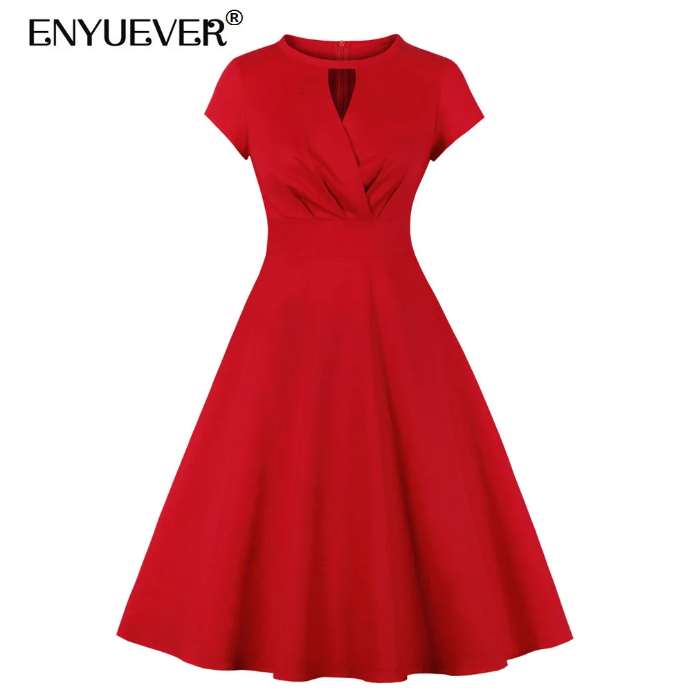 

Enyuever Элегантные красные женские платья летняя одежда для девочек хлопковая футболка с короткими рукавами с высокой талией халат в стиле пин-ап Качели 50s вечерние Ретро винтажное платье