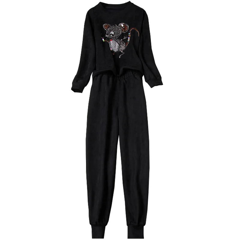 

Women Tracksuit Casual Long Sleeve Hoodies Diamond Decoration Fashion 2 Piece Sets Black Long Pants Tracksuit Sport Outfits