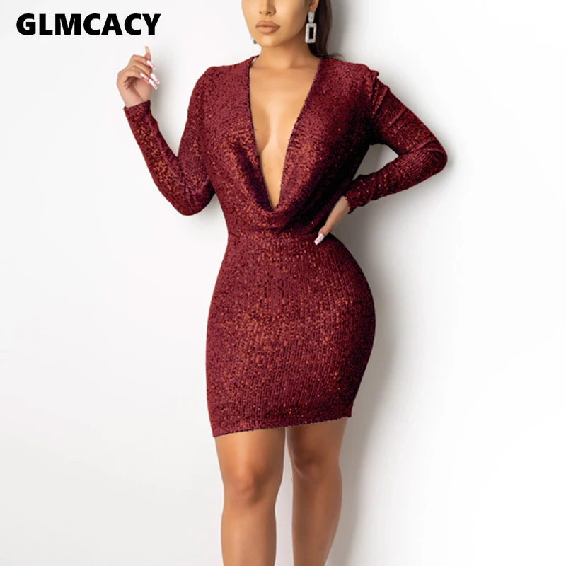 Женское облегающее платье с v-образным вырезом и блестками вечерние мини-платья