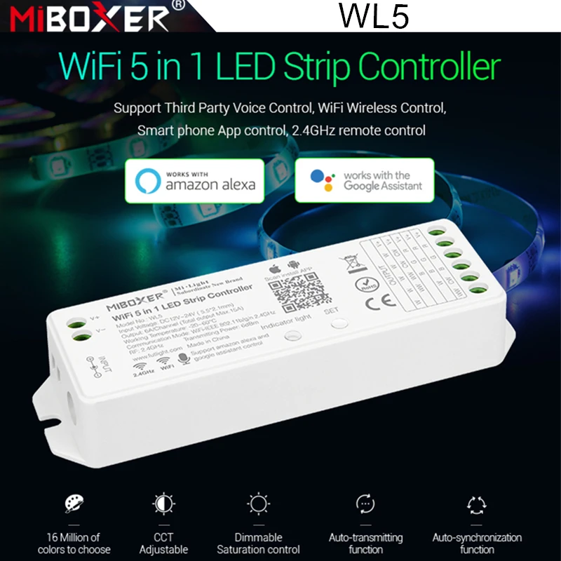 Miboxer WL5 5 IN 1 WiFi LED Controller For Single color CCT RGB RGBW RGB+CCT Led Strip,Support Alexa Voice Dimming