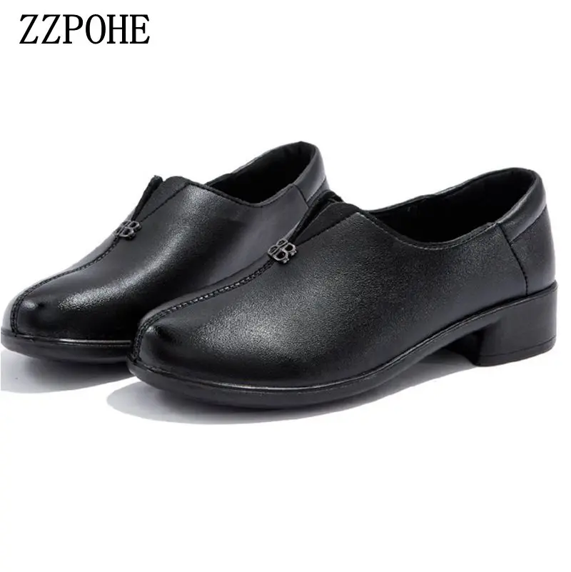 ZZPOHE Демисезонные женские мокасины; кожаные туфли на толстой подошве; тонкие туфли для среднего возраста; удобные женские туфли с мягкой подошвой - Цвет: black