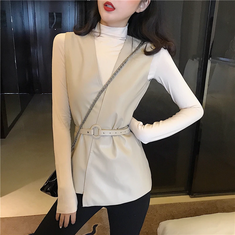 Женская кожаная жилетка TingYiLi осенне-Весенняя черная длинная с v-образным вырезом