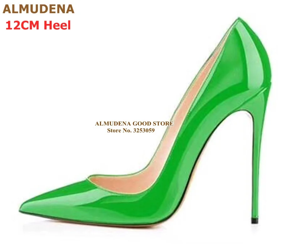 green 12cm heel ALMUDENA/брендовые туфли-лодочки на шпильке 12, 10, 8 см модельные туфли из лакированной кожи дизайнерские свадебные туфли с острым носком на тонком каблуке размер 45 - Цвет: green 12cm heel