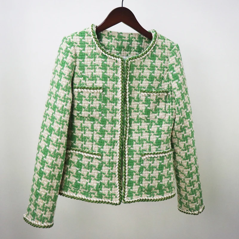 

Tweed jacket Dark blue Plaid spring / autumn / winter women's jacket lapel long sleeve Business ladies one piece jacket coat