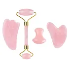 Розовый розовый кварц нефритовый массажер роллер скребок Гуаша набор натуральный кристаллический камень гуаша доска роллер для лица Уход за кожей Инструмент для красоты