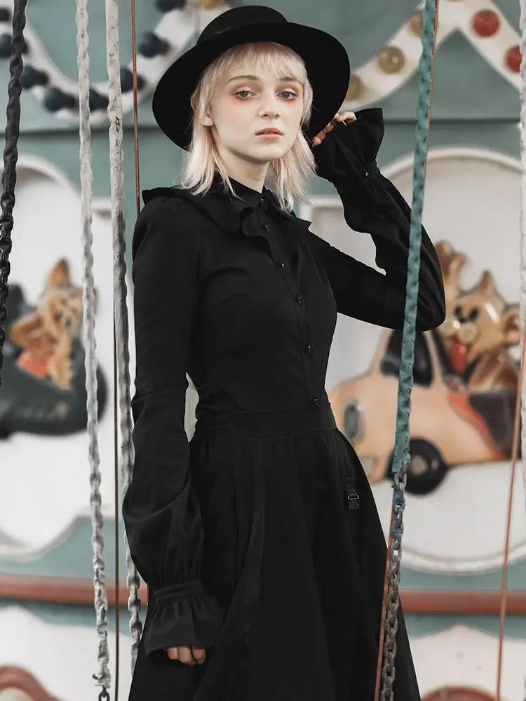 Панк рейв женские воланами воротник с расклешенными рукавами приталенные