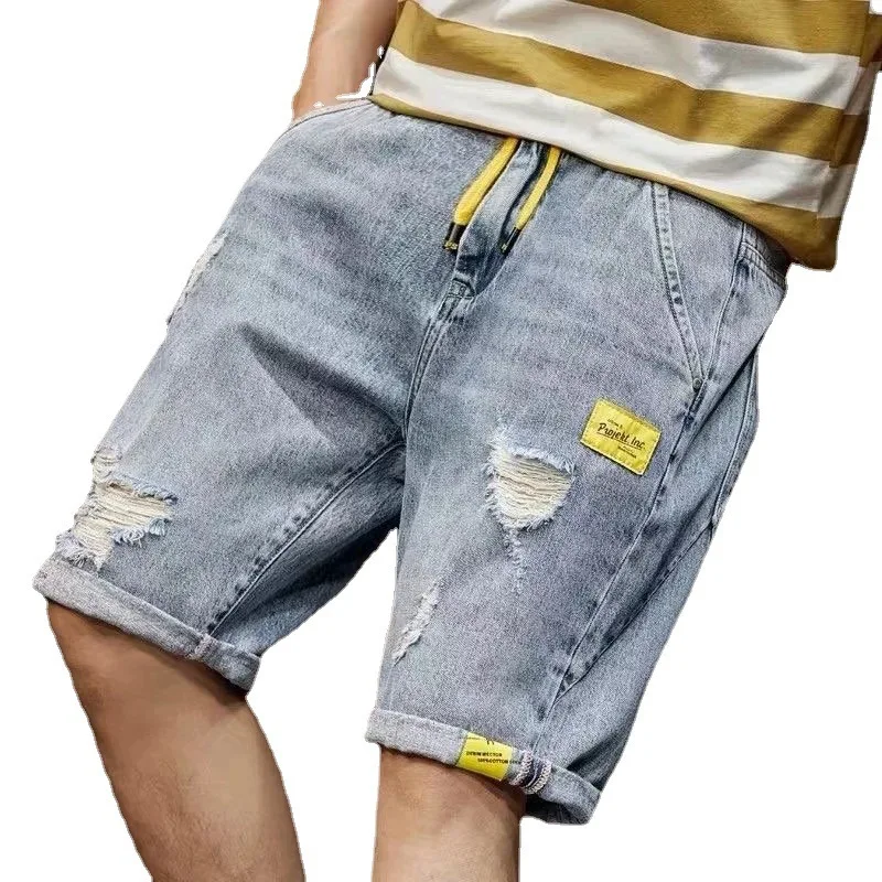 

Summer Thin and All-Matching Ripped Denim Pants Men's Cropped Shorts Casual Korean Style Trendy Slim Straight Breeches