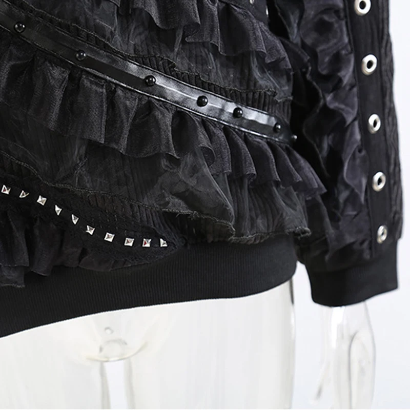 

[EAM] Big Size Lace Ruffles Black Sweatshirt New Round Neck Long Sleeve Women Big Size Fashion Spring Autumn 2021 1DD2448