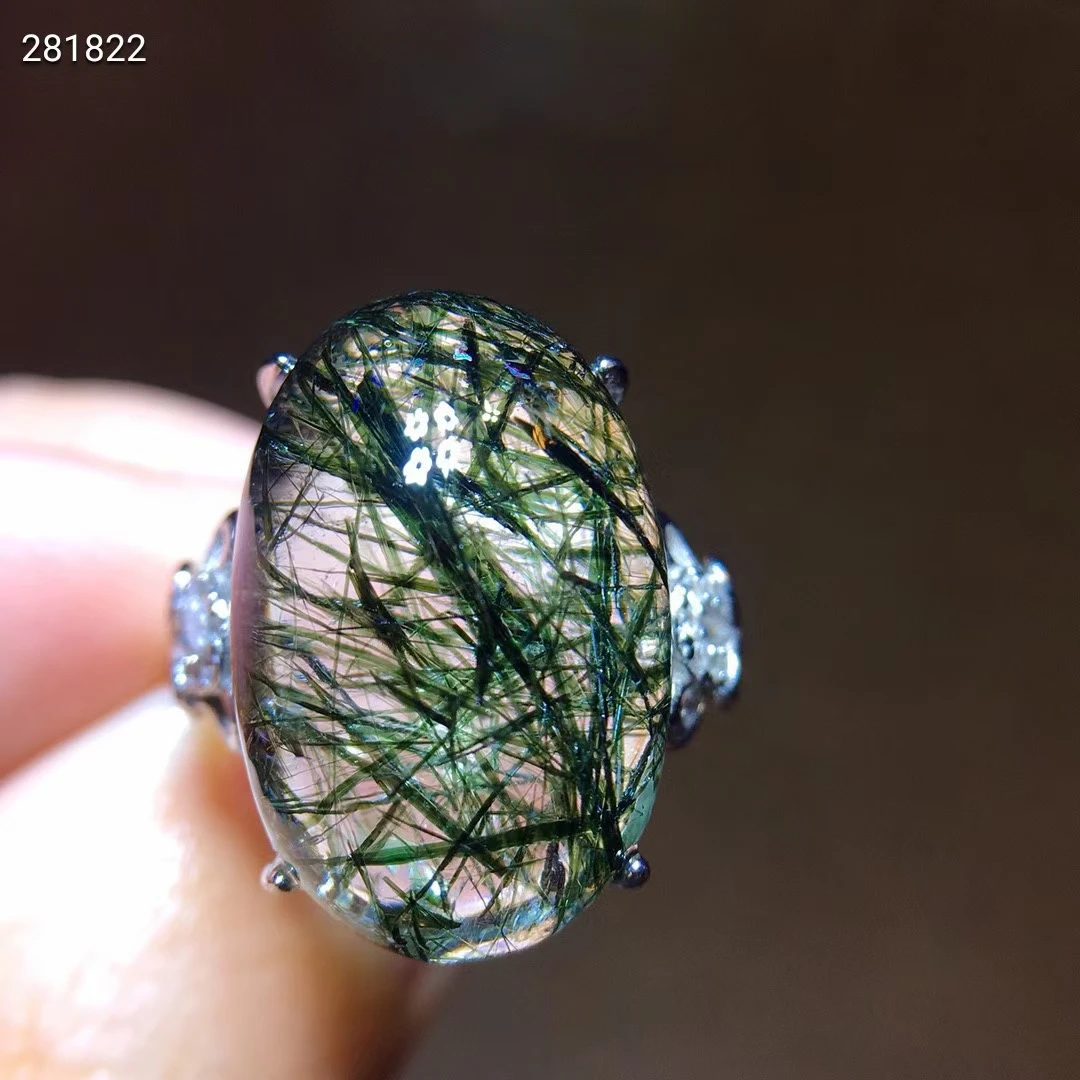 

Natural Green Rutilated Quartz Women Adjustable Ring Rare 925 Silver 18.8/12.5mm Oval Sphere Ball Beads AAAAAA