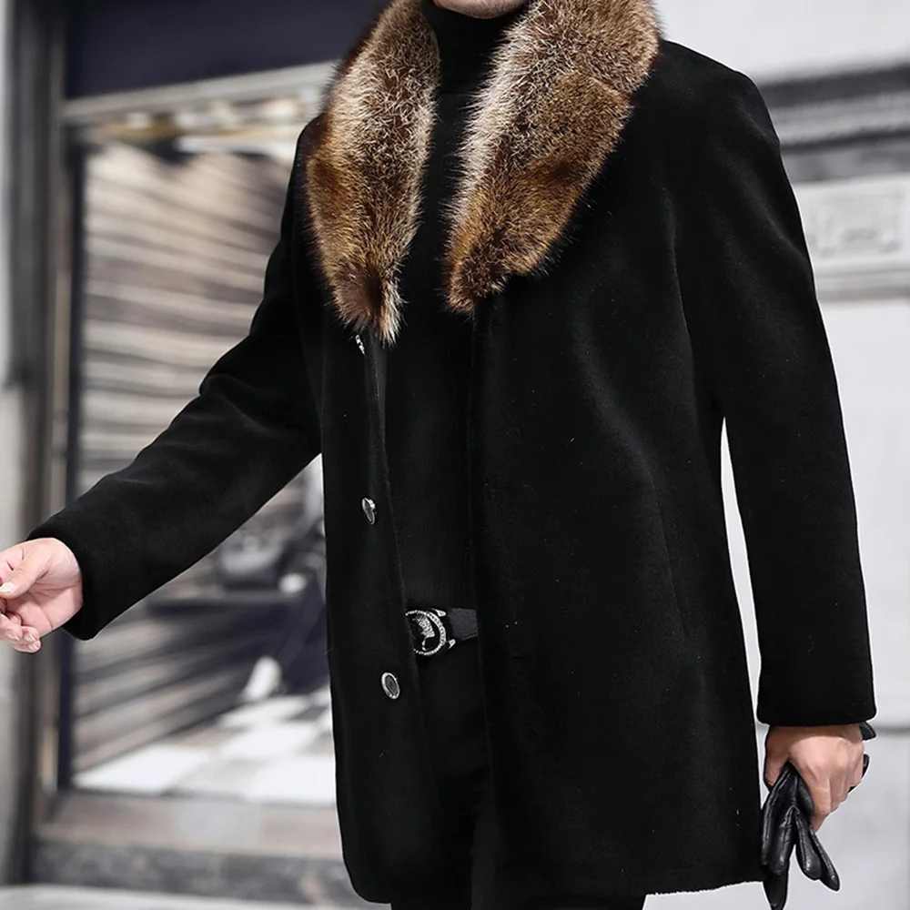 

Winter Men Long Woolen Coat Fur Collar Warm Male Solid Slim Casual Windbreaker Jacket Autumn Fashion Top Outwear Plus Size New