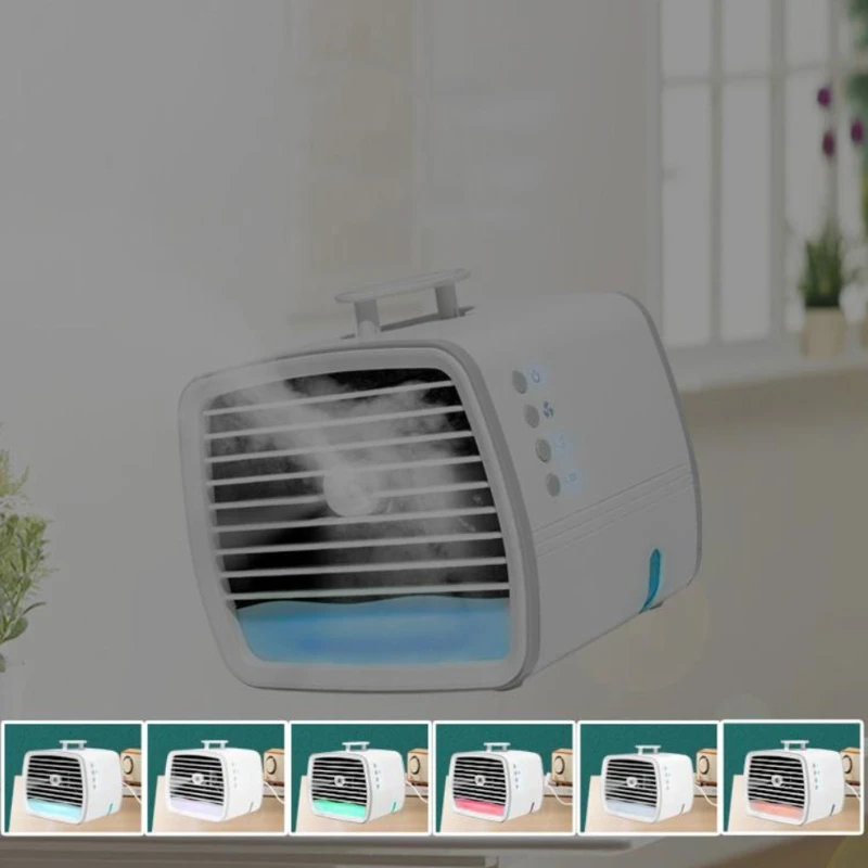 

Portable Air Conditioner Fan Mini Air Cooler Super Quiet Desk Fan Spray Humidifier 3 Speeds 7 Colors LED Light for Home