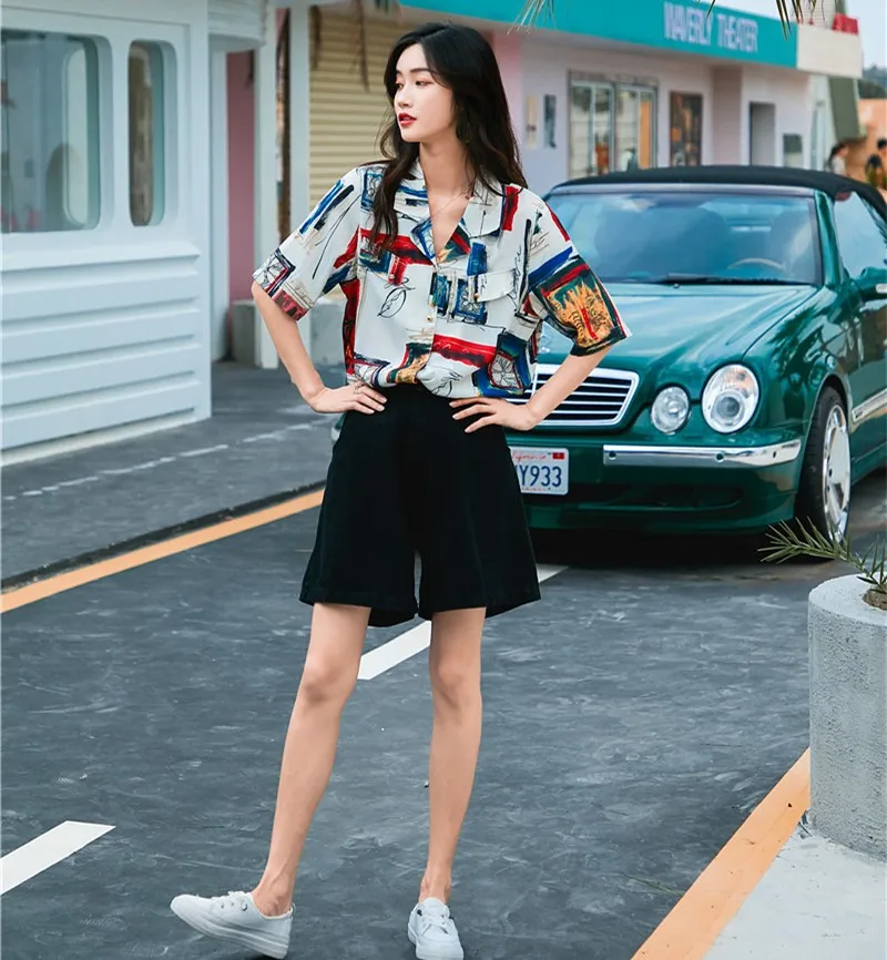 Женская винтажная блузка Cheerart летняя рубашка с коротким рукавом и лацканами 2019 |