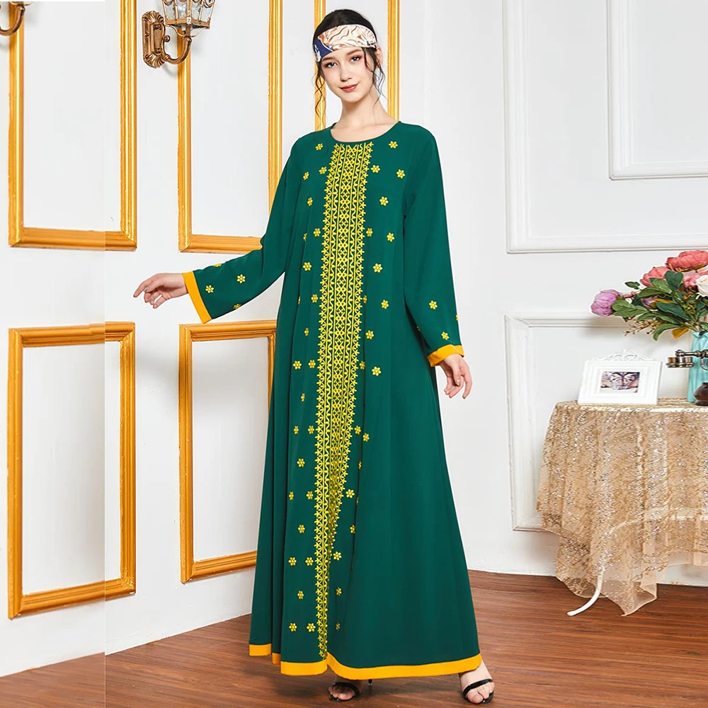 

Women Abaya Dress Long Ethnic Embroidered Loose O Neck Full Sleeve Maxi Dresses Elegant Modest Muslim Arabic Islamic Clothing