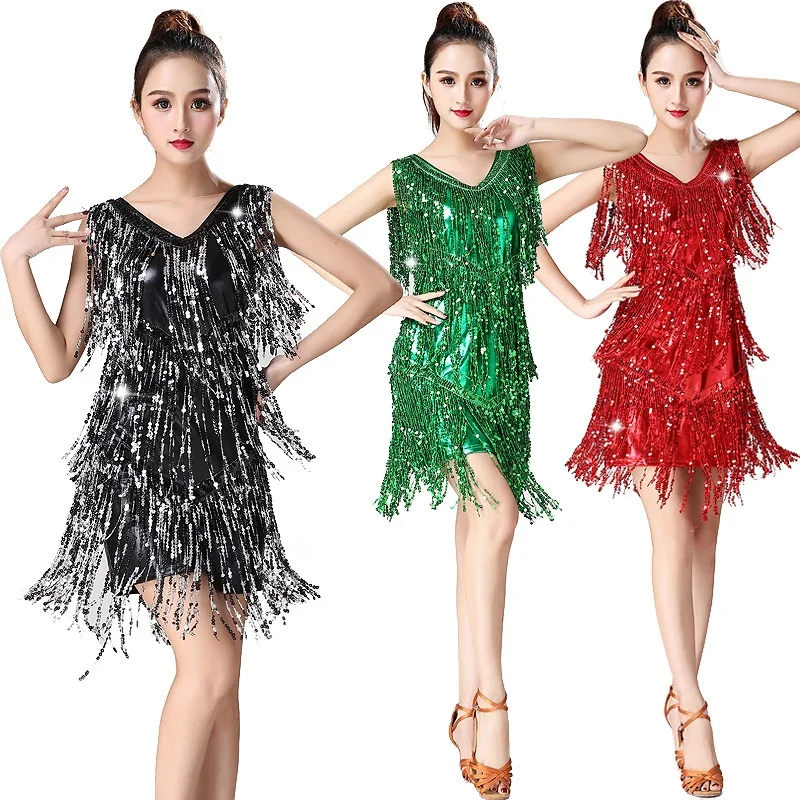 

New Sequin Skirt Tassel Latin Dance Skirt Adult double V Latin Dance Dress Female Dance Performance Dress
