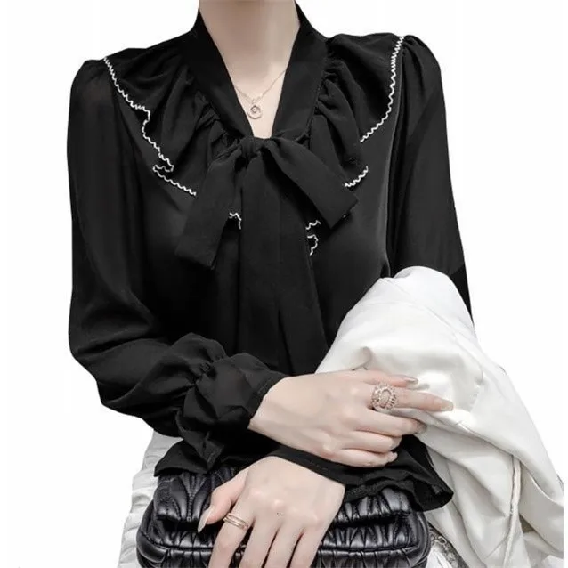 

The new spring and summer 2021 white chiffon blouse female design feeling small thin with long sleeve shirt bowknot coat