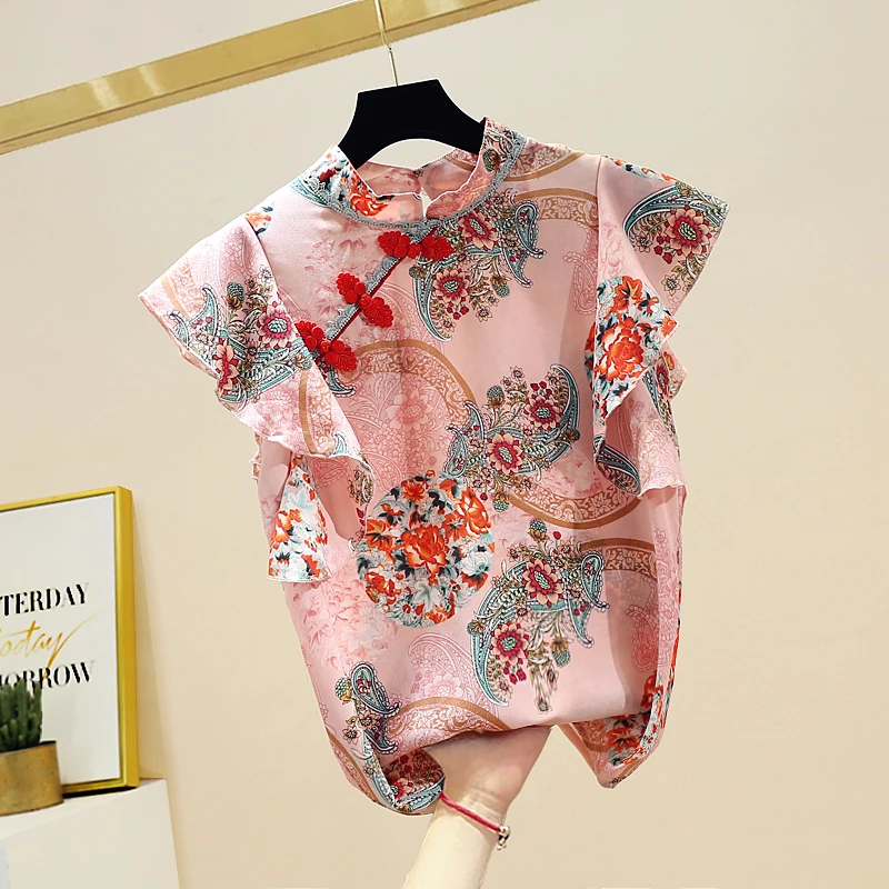 Chinese Cheongsam Style Women Floral Chiffon Shirt 2020 Summer Blouse Ruffles Short Sleeve Shirts Tops Blusas A3252 | Женская одежда