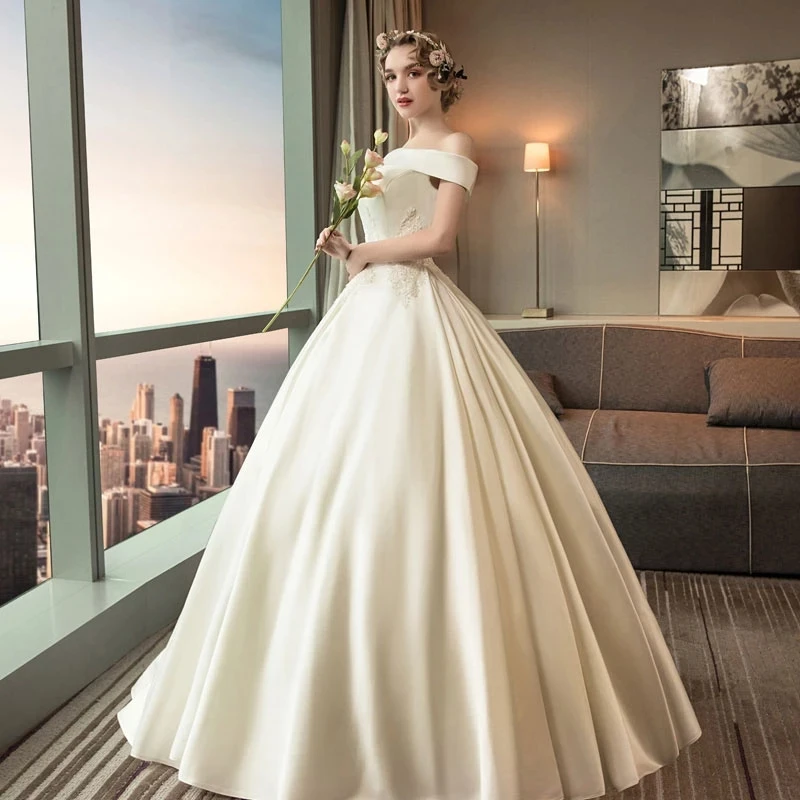 

New arrival elegant wedding dress Vestido de Festa dress satin ball gown long style pleat party dresses lace style