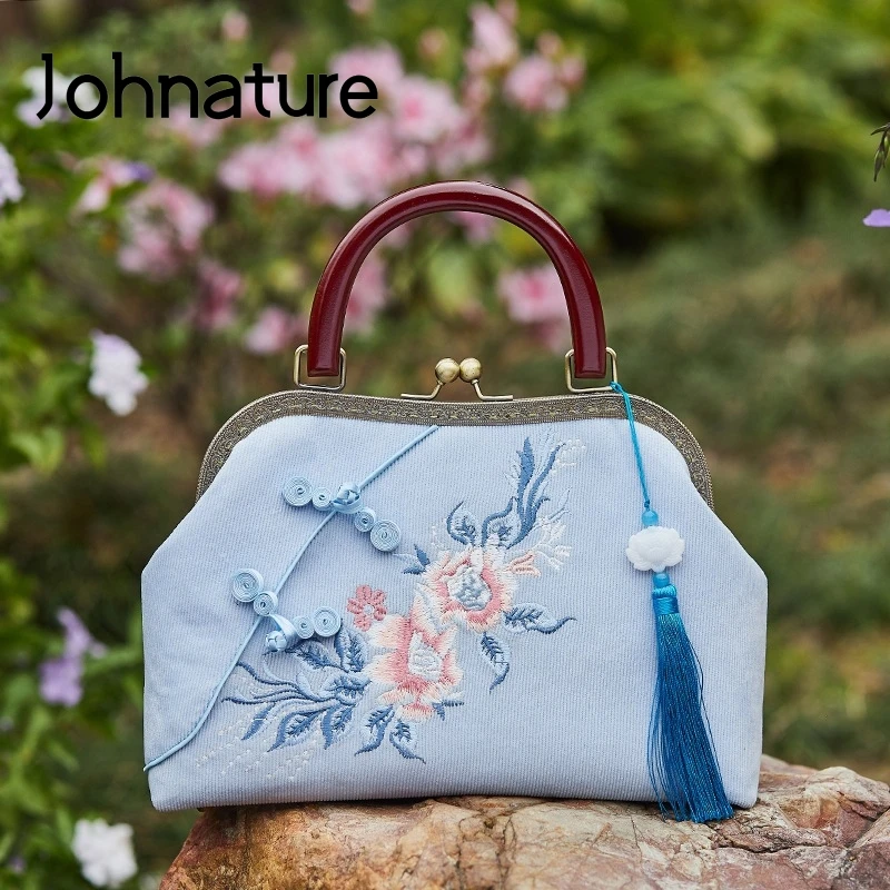 

Женская Вельветовая сумка с кисточками Johnature, Вельветовая Сумка-Ципао с ручной вышивкой в стиле ретро, сумка на плечо с деревянной ручкой, 2022