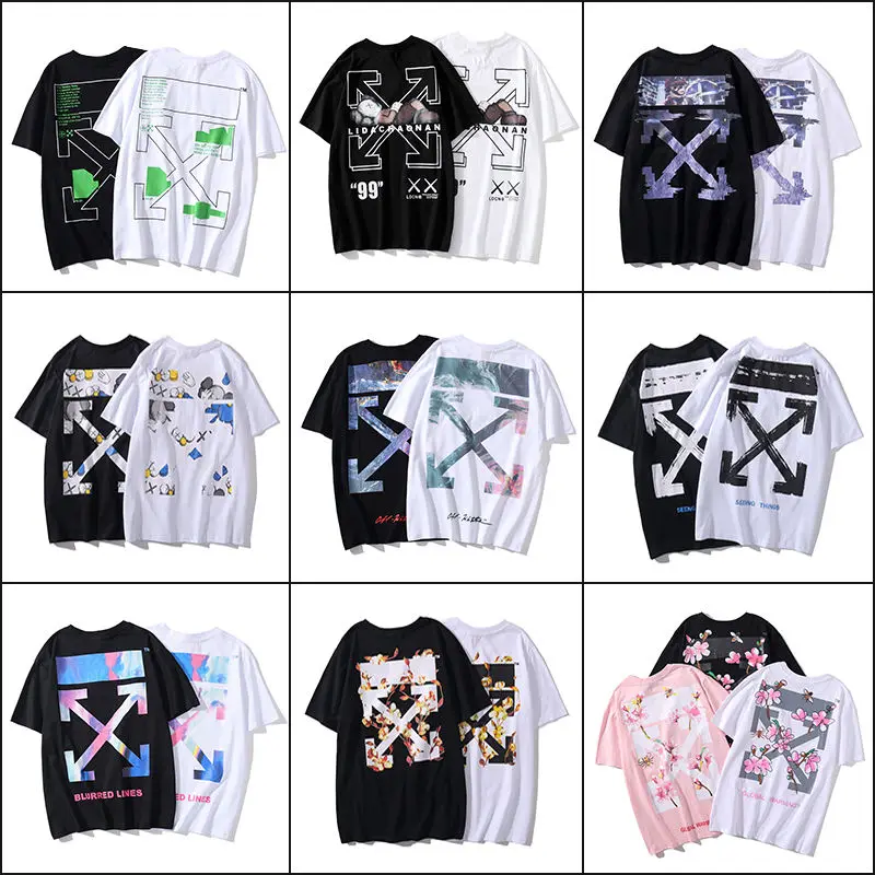 

Summer Fashion Brand off White Arrow Warning Line Printed Short-Sleeved T-shirt Men and Women Couple Loose Ow Half-Sleeved Top