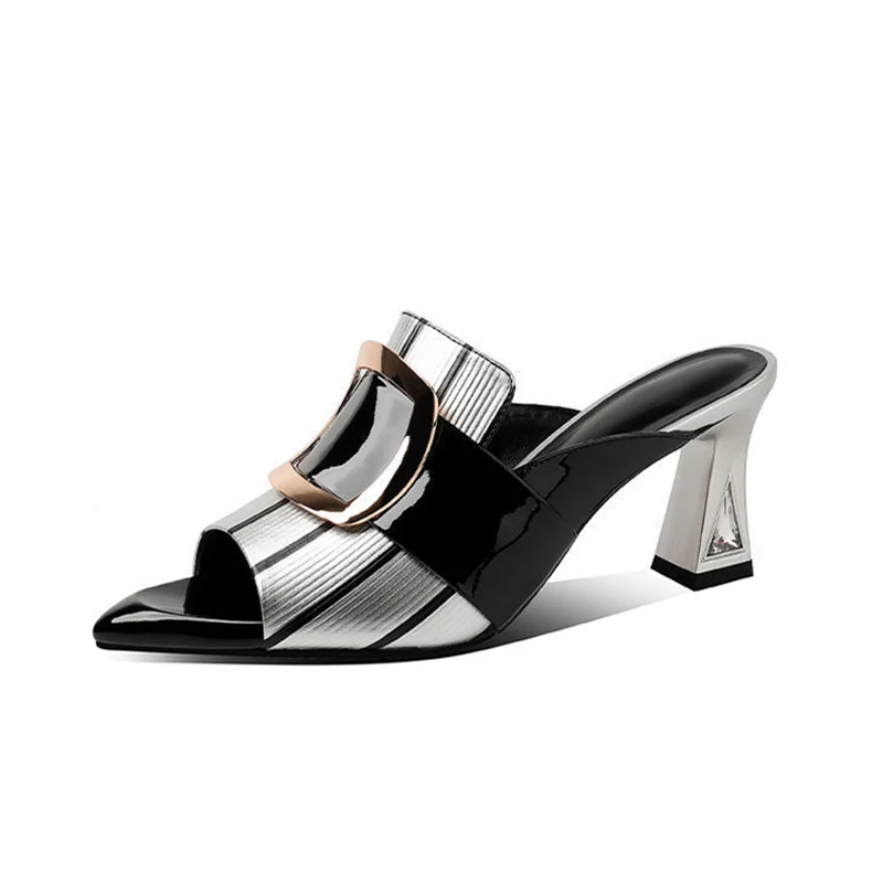 

Black Sexy Gingham Peep Toe Shoes PU Soft Leather Slip On High Heels Women Sandals Outside Wear Slides Zapatos De Mujer 2021