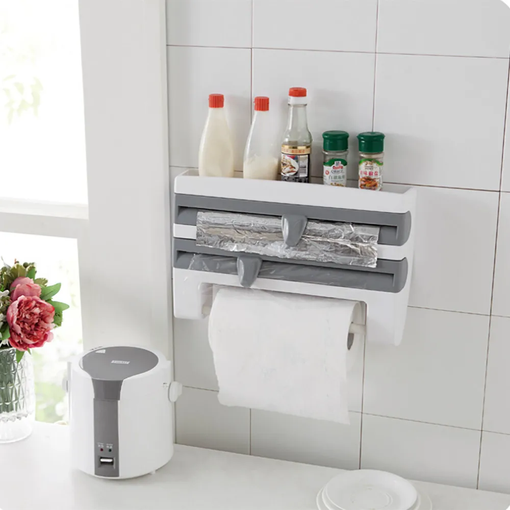 

Mulifunction Kitchen Cling Film Sauce Bottle Storage Rack Paper Towel Holder Rack Wall Roll Paper Hanging Aluminium Foil Hook
