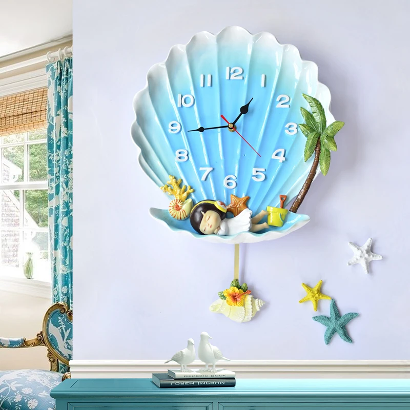 

Creative Mediterranean Shell Resin Wall Clocks Home Bedroom Wall Hanging Decorative Ornaments Mute Wall Clock Mural Accessories