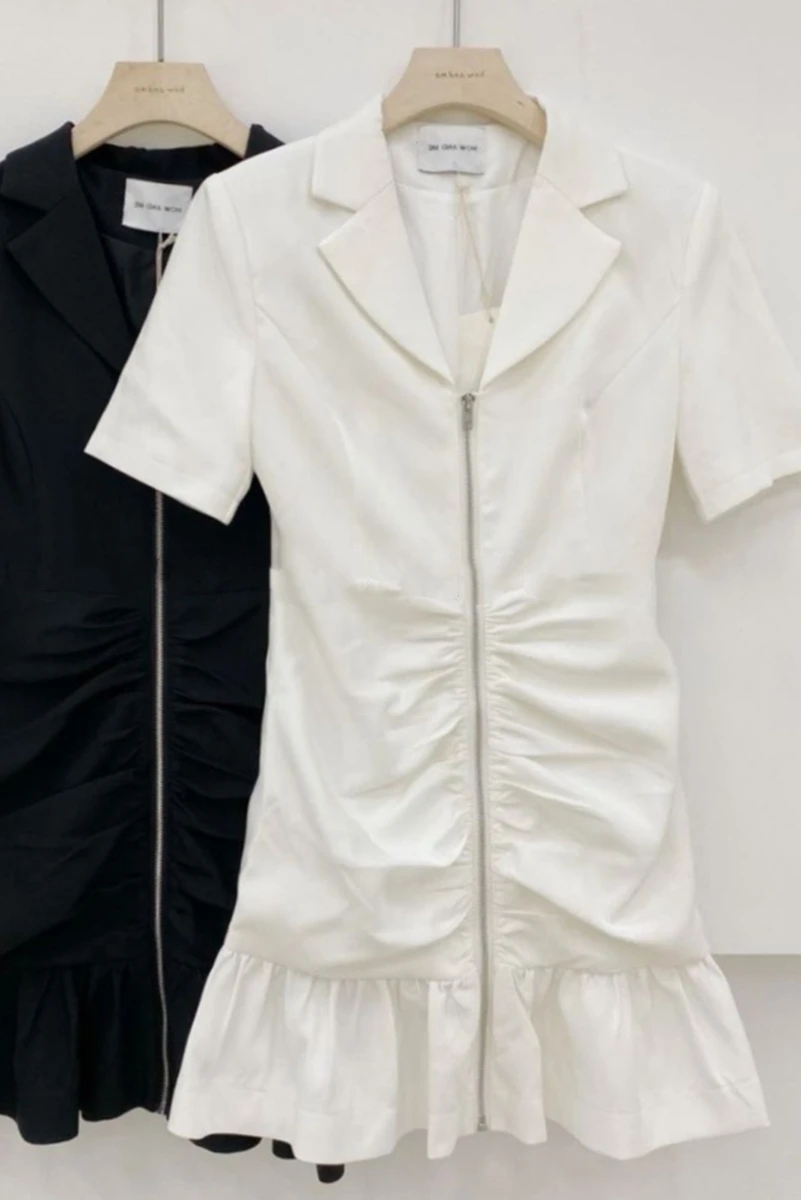 

Summer 2021 Thin Hepburn Style Zipper Pleated Dress Women's Ruffled Suit Collar Fishtail Dress Lady Black Plus Size Short Dress
