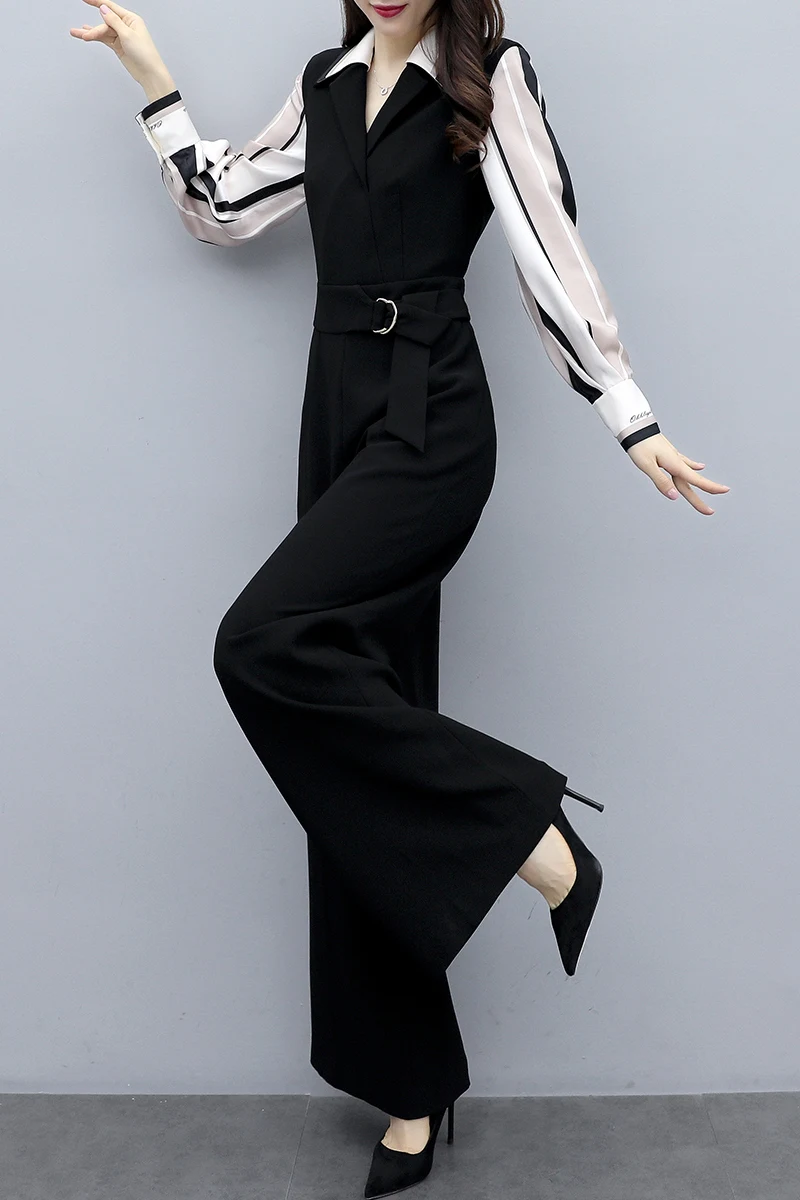

Fashion 2021 Spring Summer Women Striped Patchwork Wide Leg Jumpsuits Female Chiffon Asian Elegant Casual OL Romper Sashes WJ57