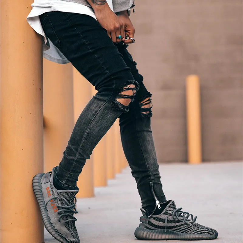 

Autumn New Mens Foot Mouth Zip Up Black Denim Trousers Fashion Gradient Ripped Jeans Hip Hop Skinny Vintage Jeans Man Homme 바지