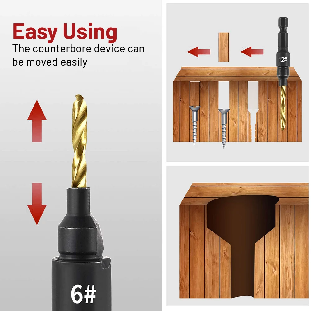 Набор сверл с зенковкой по дереву Максимальный крутящий момент 5 шт. Регулируемая