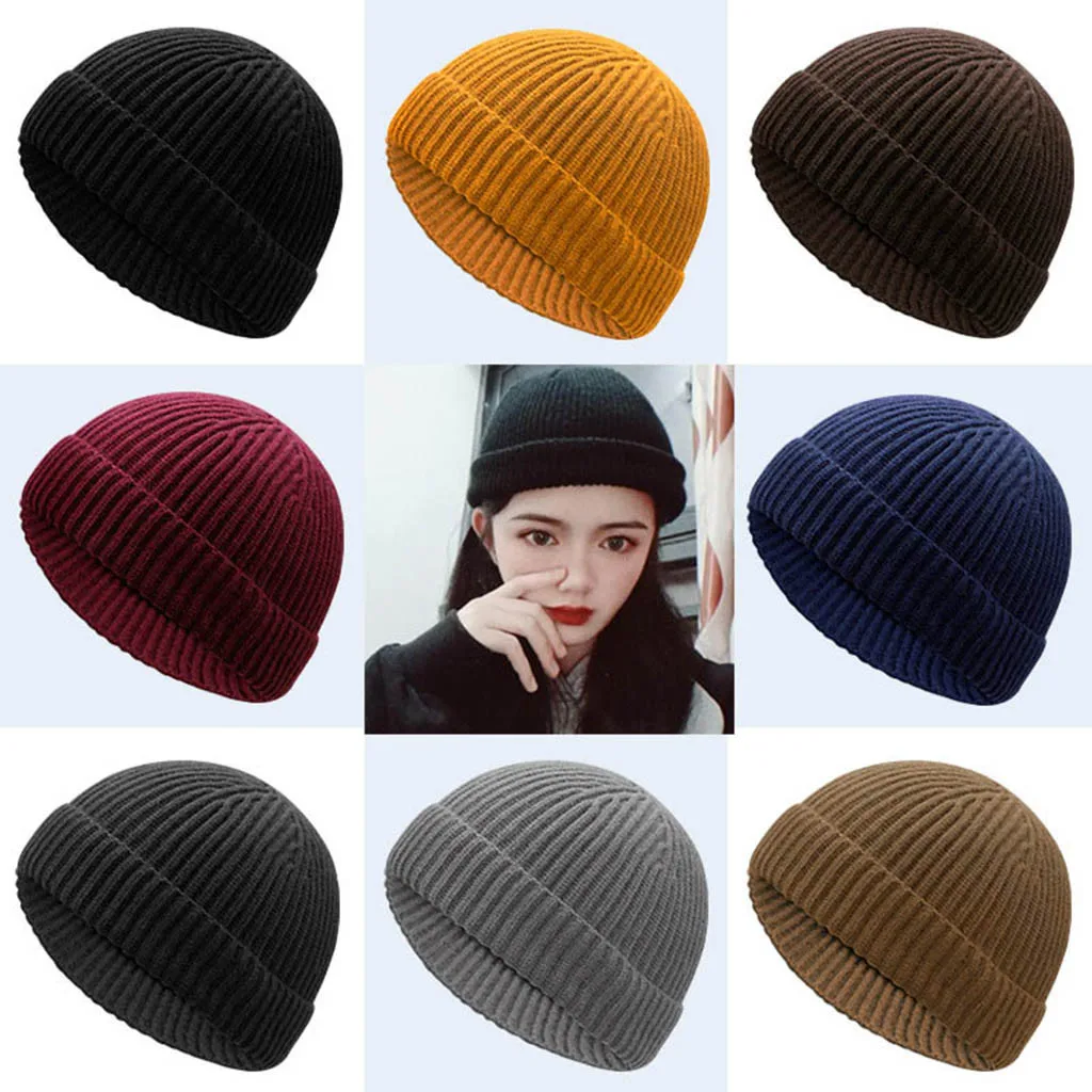 Осенне-зимние теплые короткие вязаные шапки для мужчин и женщин одноцветная
