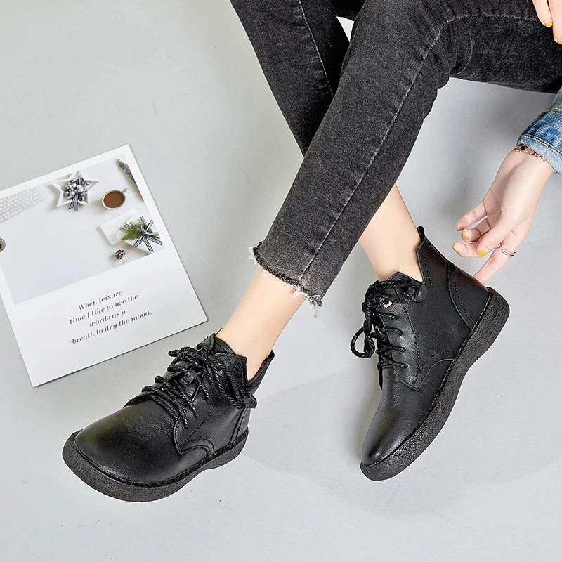 

YAERNI Spring/Autumn Women's Genuine Leather Shoes Woman Ankle Boots Female Flat with Platform Boots Lace-Up Causal Botas Mujer