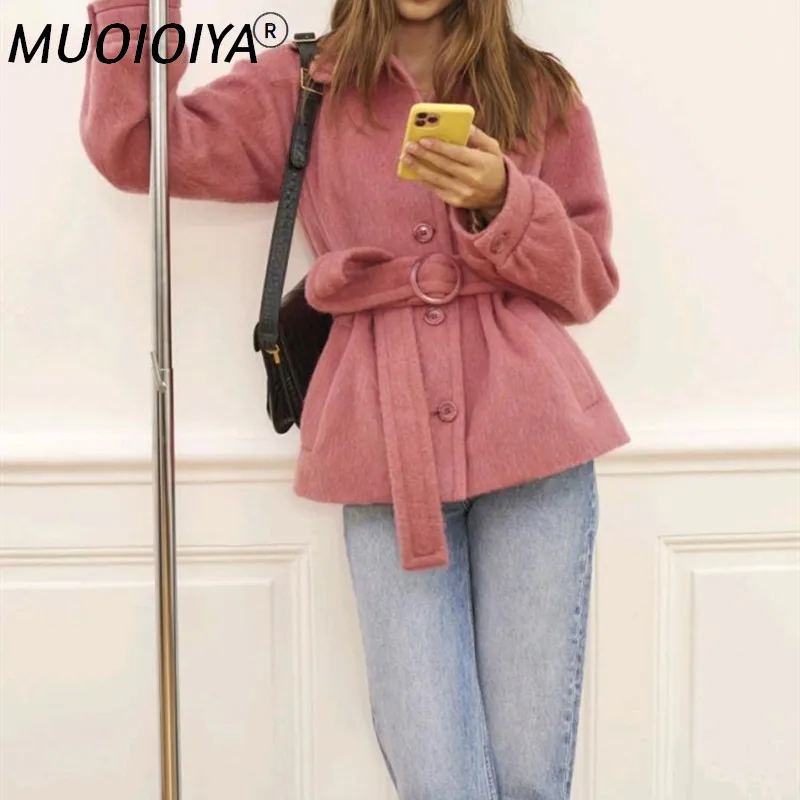 

Женская шерстяная розовая куртка, Осень-зима 2021, облегающее дамское пальто на шнуровке с отложным воротником, простая верхняя одежда, топы с...