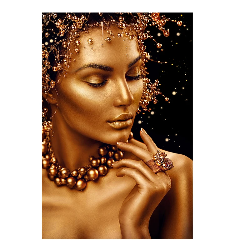 

African Art Black and Gold Woman Oil Painting on Canvas Cuadros Posters and Prints Scandinavian Wall Art Picture for Living Room