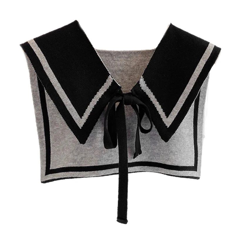 

Navy Style Women Winter Knit Shawl Wrap Reversible Contrast Color False Collar Decorative Cape Bowknot Poncho Scarf