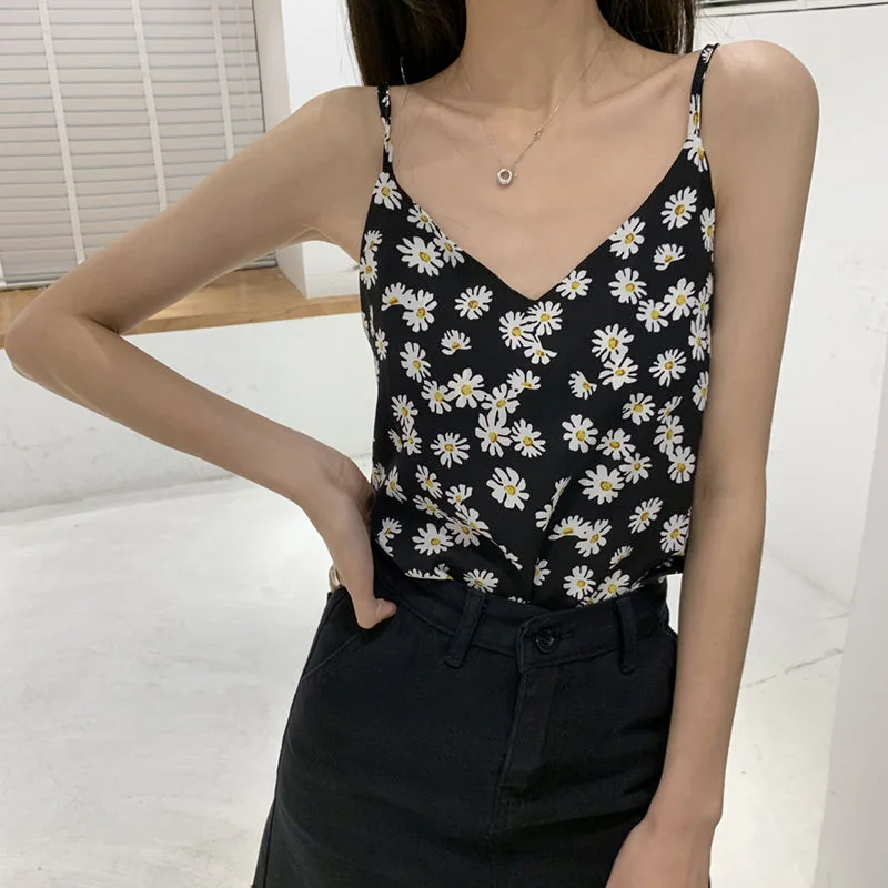 Женский трикотажный топ с принтом ромашек Однотонный женский уличный Топик