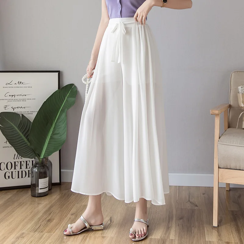 

Spring Summer New Korean Thin White Black Loose Chiffon Pants Skirt Women's Elastic High Waist Pleated Wide-leg Pants