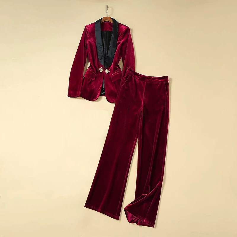velvet 2 piece set women office work suits business casual women outfits wine red long sleeve deep v neck jacket+ long pants