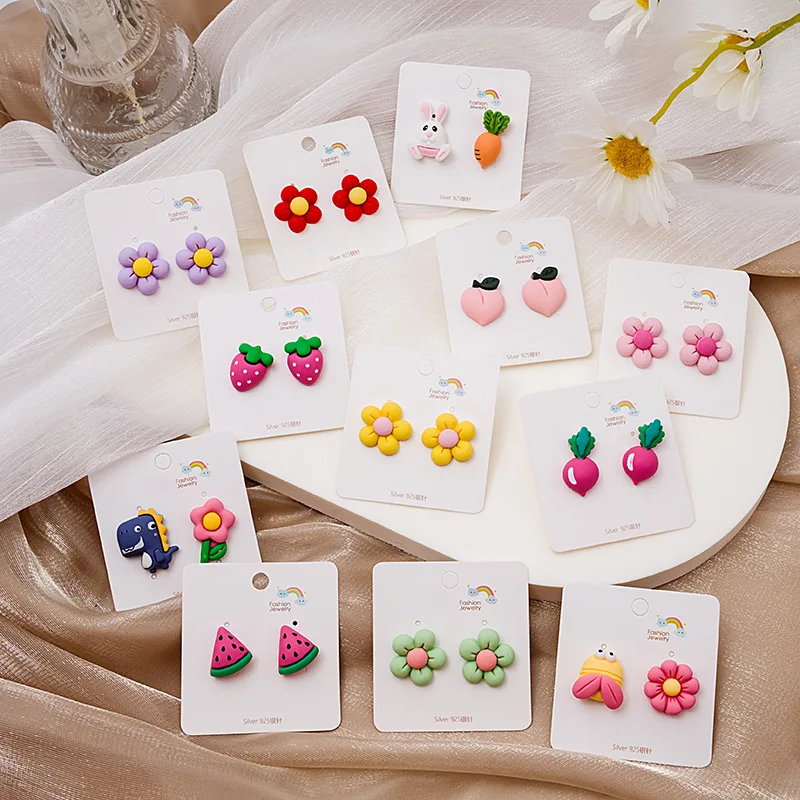 

2021 Trend Fashion Cartoon Resin Women's Earrings Flower Watermelon Dinosaur Bee Rabbit Animal Earrings Girl Birthday Party