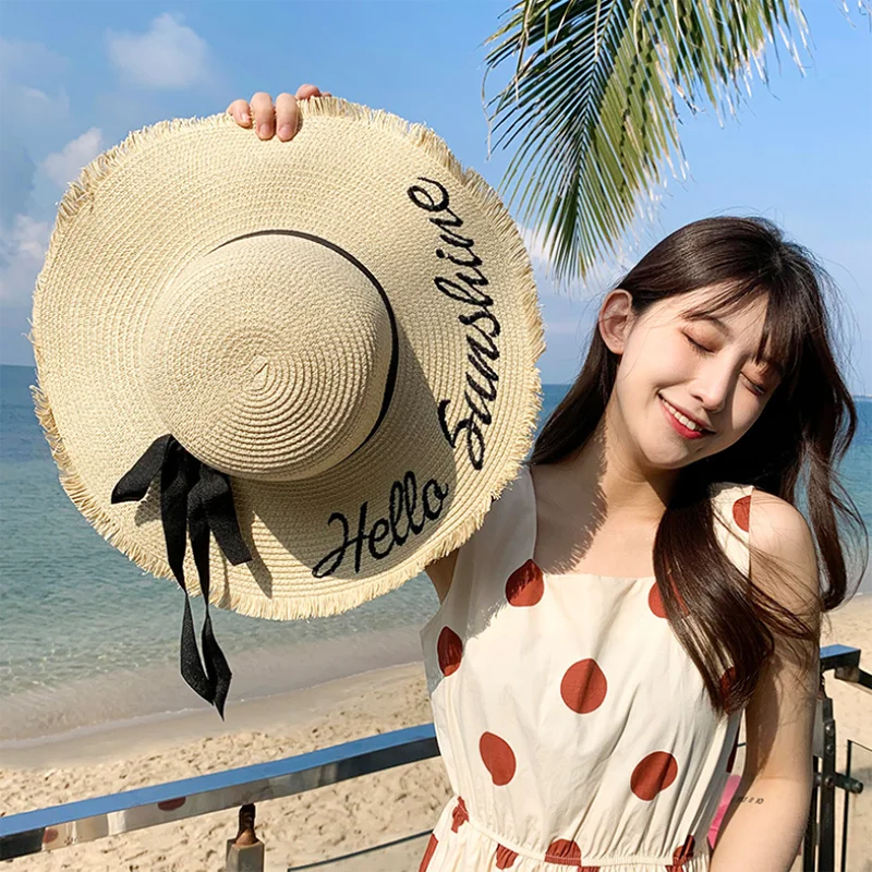 

New Summer Women Large Brim Glacier Hat Strip Pretty Letter Embroidery Straw Floppy Sunscreen Panama Beach Holiday Bow Sun Hat