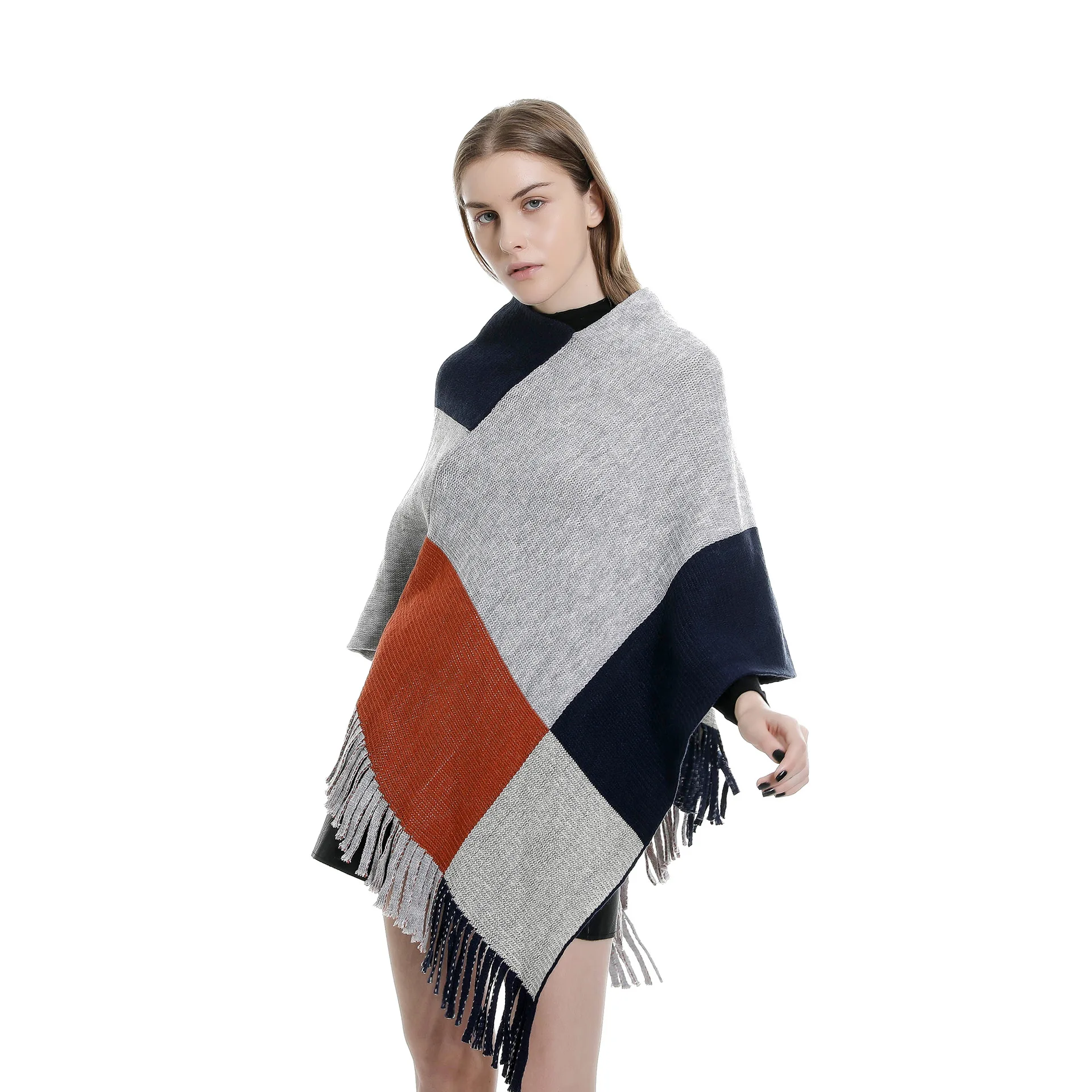 2019 пончо накидка зимнее осеннее пальто женское в клетку летучая мышь пуловер