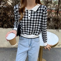 autumn winter plaid turn down collar women sweater color contrast pullover jersey mujer knit long sleeve preppy style pull femme
