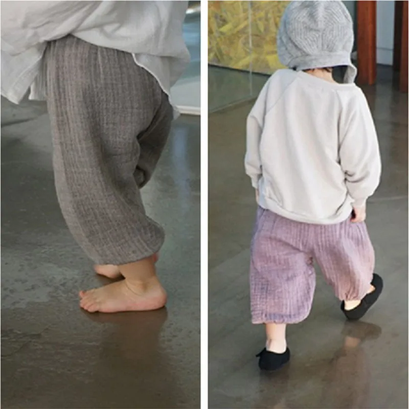 

2021 Spring And Summer Cotton Linen Baby Girl Toddler Bloomers Girls Boy Solid Color Casual Pants Girl Sports Cropped trousers