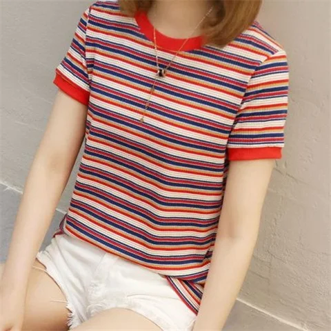 

2019 summer Rainbow Stripe student T-shirt women's short sleeve new slim large size top slim knit T-shirt