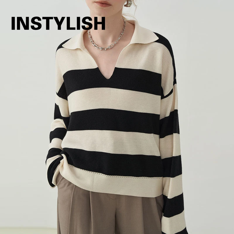 

Women Autumn Korean Fashion Striped Polo Neck Knitting Sweater Elegant Harajuku Long Sleeve Autumn Pullovers Oversized Jumper