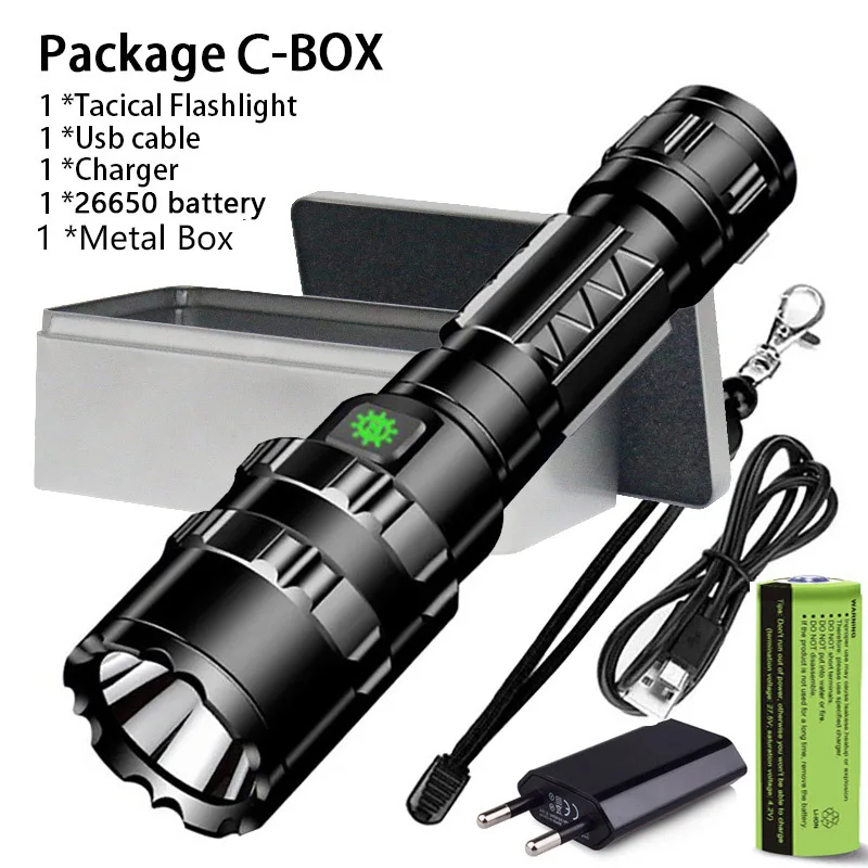 Package C-BOX Тактический светодиодный фонарь высокой мощности охотничий фонарь Скаут Свет USB на 18650 перезаряжаемый аккумулятор 2 м водонепроницаемый Реальные люмены 1200 FLASHLIGHT TORCH 2 года гарантии - Emitting Color: Package C-BOX