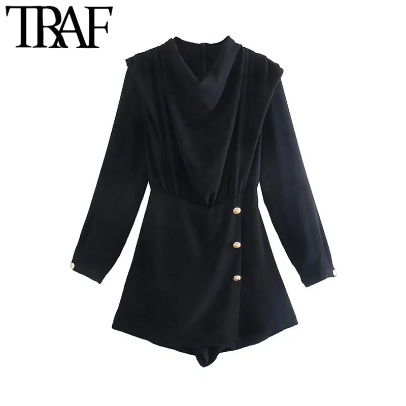 

TRAF Women Chic Fashion With Golden Buttons Flowing Playsuits Vintage Long Sleeve Back Zipper Female Jumpsuits Mujer
