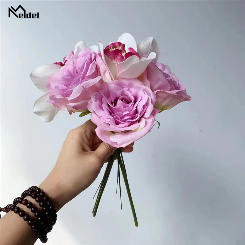 Meldel Artificial Flower Bouquet Silk Rose Orchid Fake Girl Purple Pink DIY Home Party Decoration Wedding Supply | Дом и сад