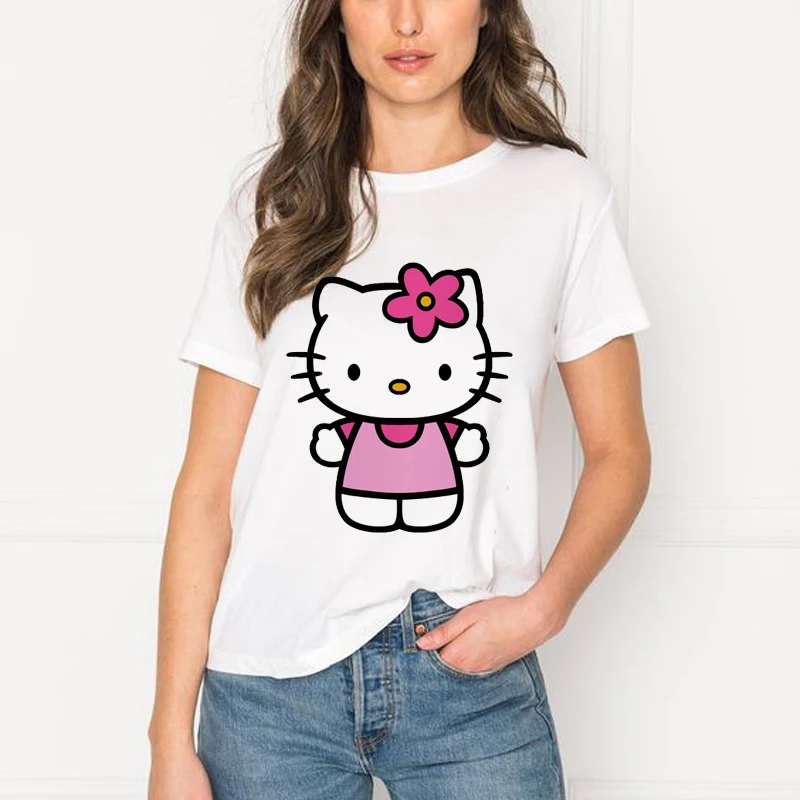 Летние Забавные футболки с героями мультфильмов Kawaii, женские футболки с рисунком hello kitty, повседневные женские футболки 90 s, эстетическая женская футболка